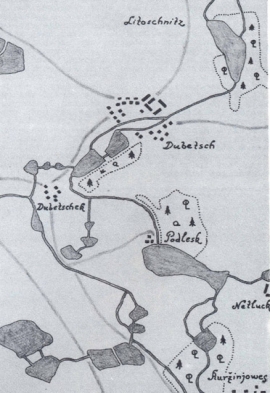 Část rybniční soustavy na Říčance dle mapy z r. 1783