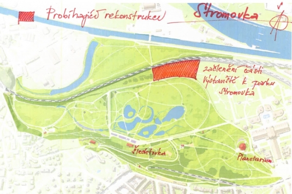 Realizace rekonstrukce přičleněné části Výstaviště k parku Královská obora Stromovka - mapa